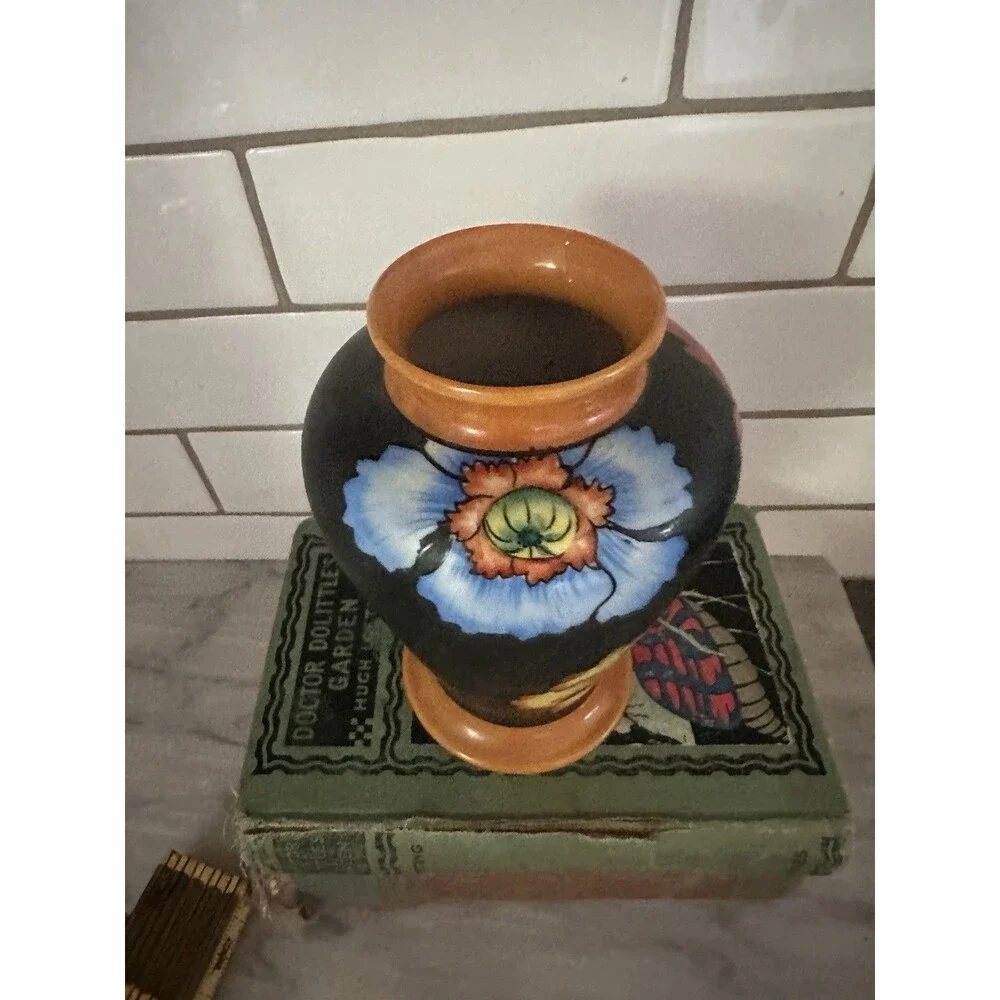 Orange Blue Red Poppy Black Flora Vase Japan Hand Painted 6.5”